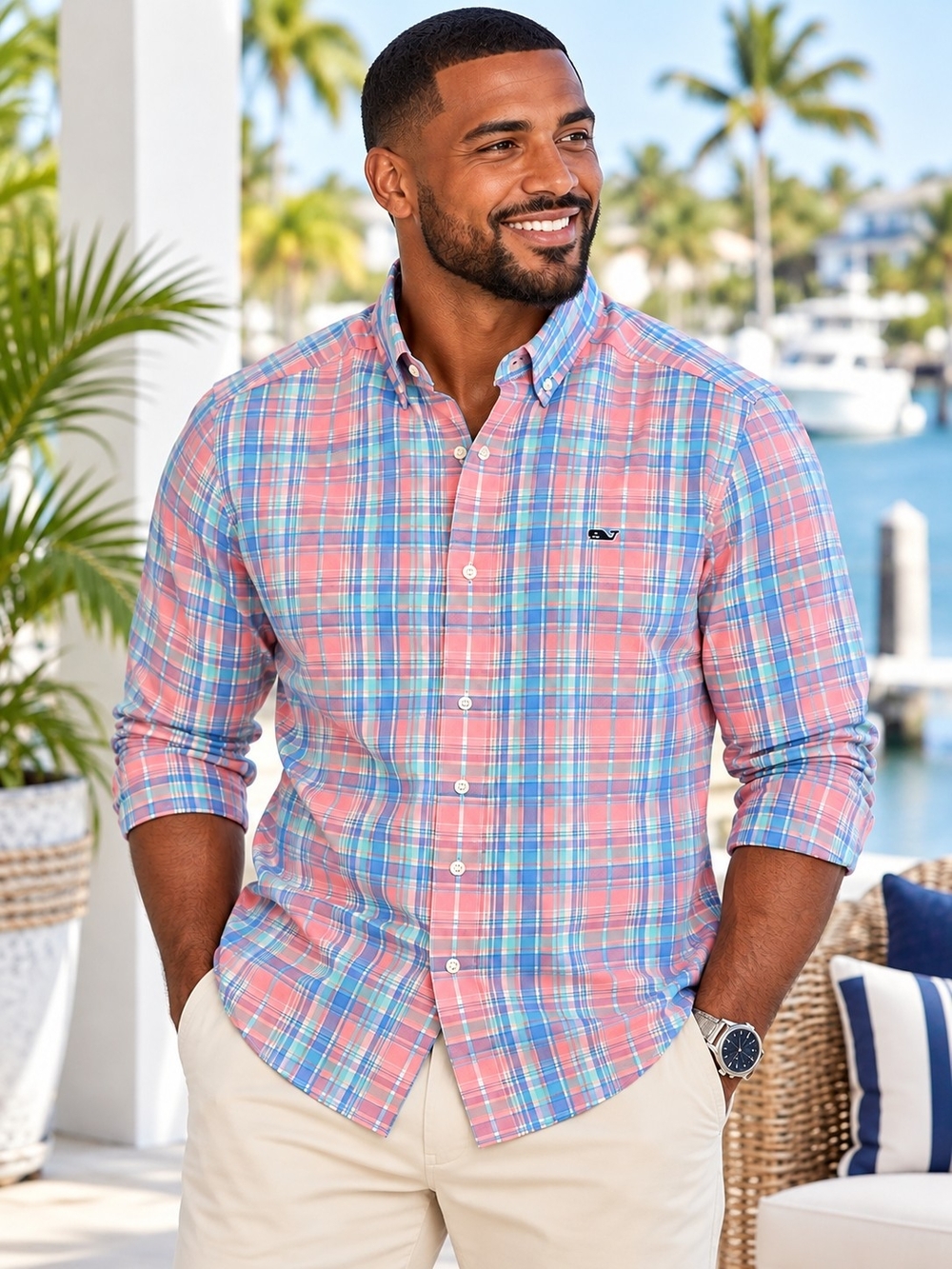 Vineyard Vines Men's Pink Plaid Button-Down Shirt Medium